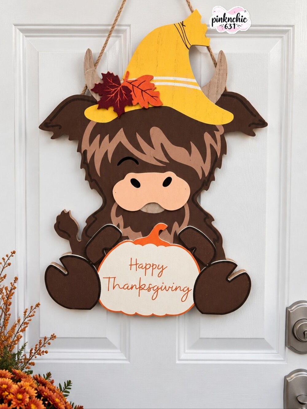 West Highland Cow Happy Thanksgiving Wooden Door Hanger